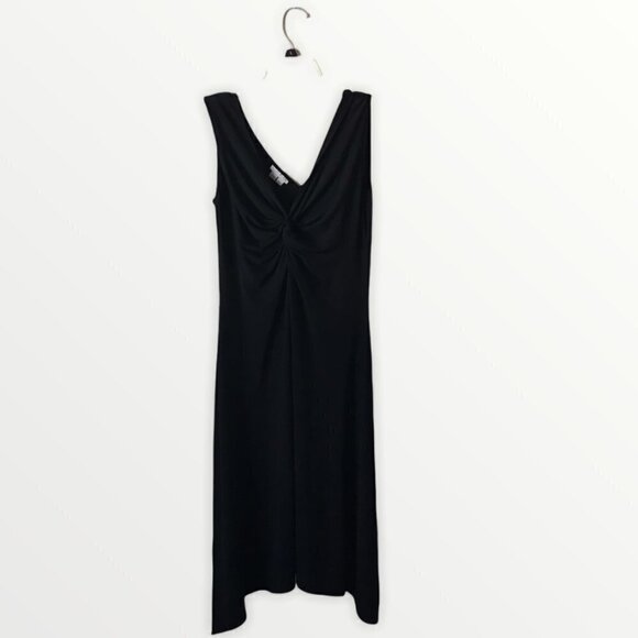 London Times Front Twist Deep V-Neck Black Midi Dress - Picture 1 of 7